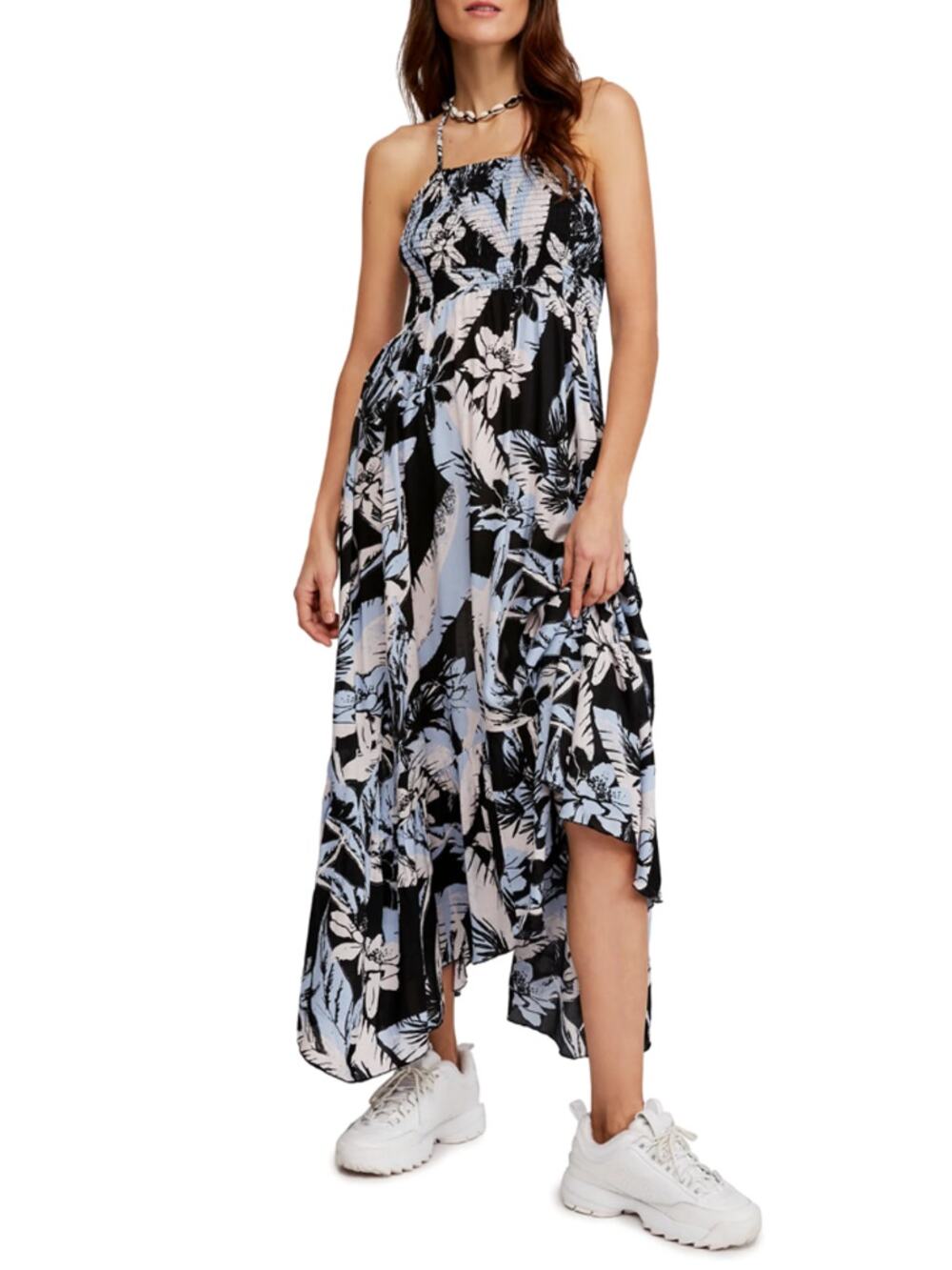 Free People Black Blue Tiered Sleeveless Maxi Dress Handkerchief Hem size Small